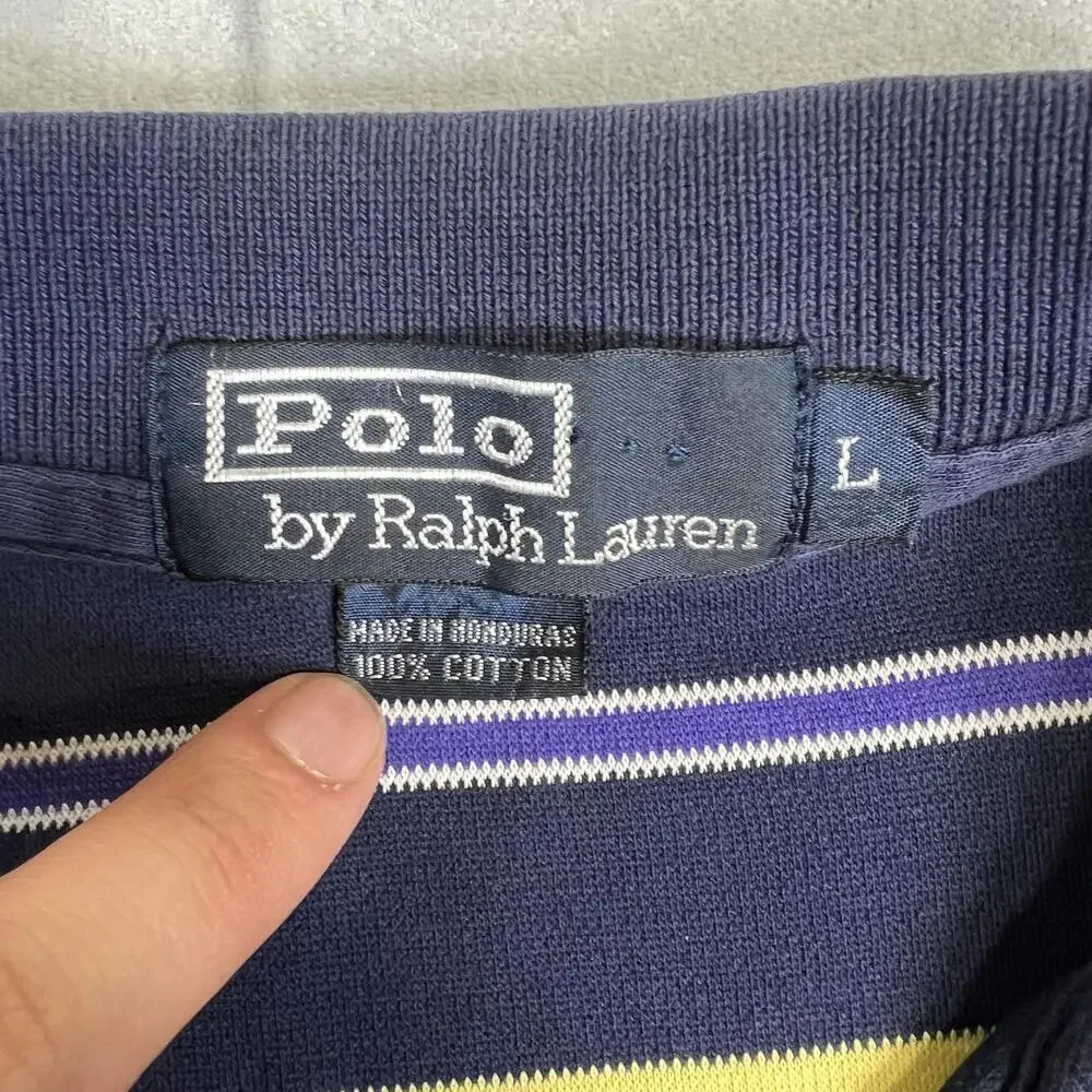 VTG 90s Polo Ralph Lauren Polo Shirt Mens Large Navy Striped Blue Pony - Flaw